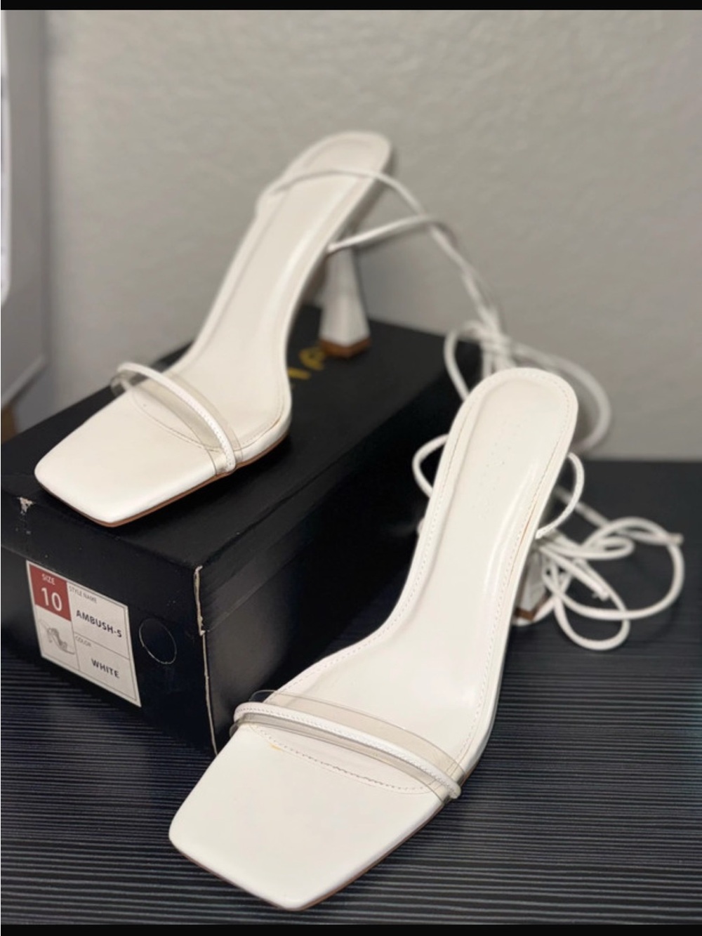 White Strappy Square-Toe Heels with Ankle Wrap